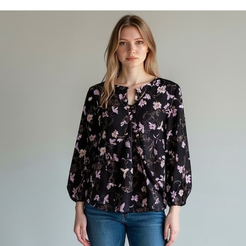 West Kei Blouse Black M Womens Purple Floral Surplice Hi-Low TU38205-M5